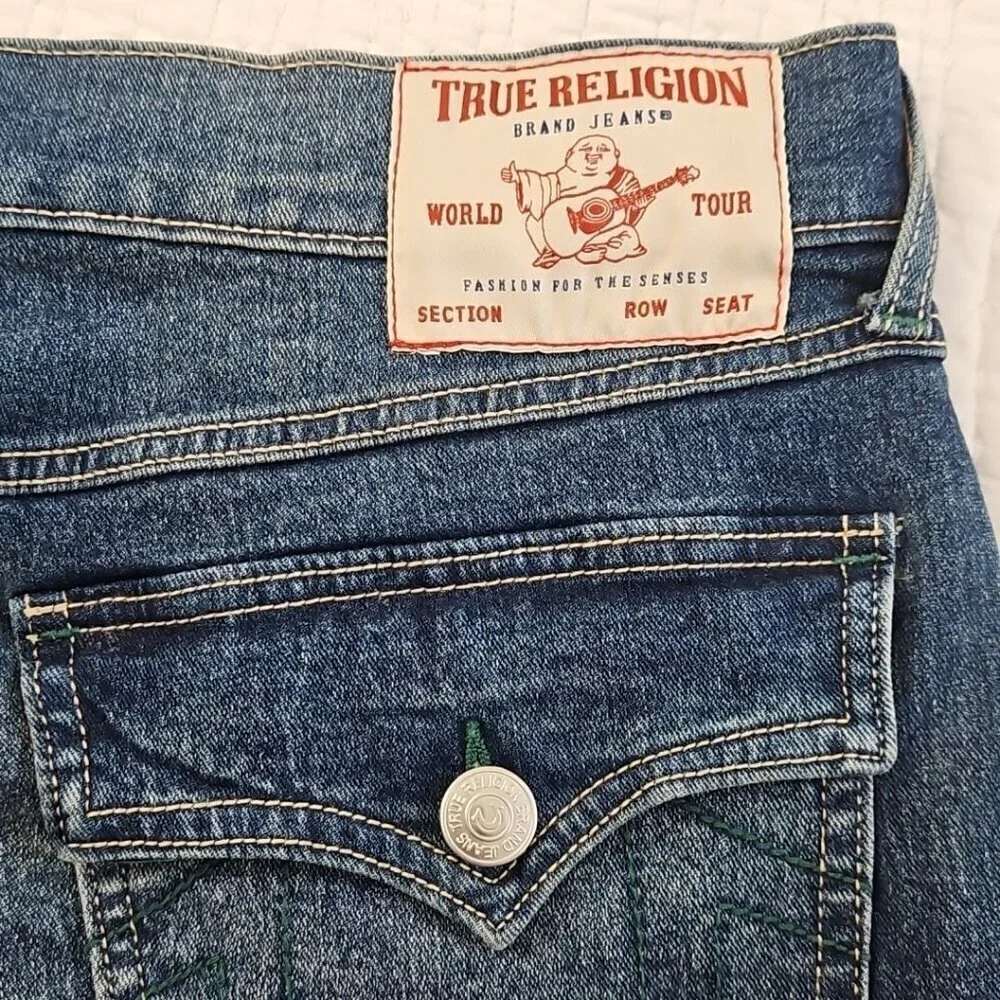 True Religion Rocco Jeans Men's 33x32 NWT Flap Pockets Green Contrast Stitch NEW